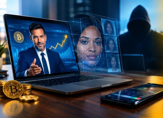 Illustration showing AI-generated deepfake technology being used in fraudulent online investment schemes.