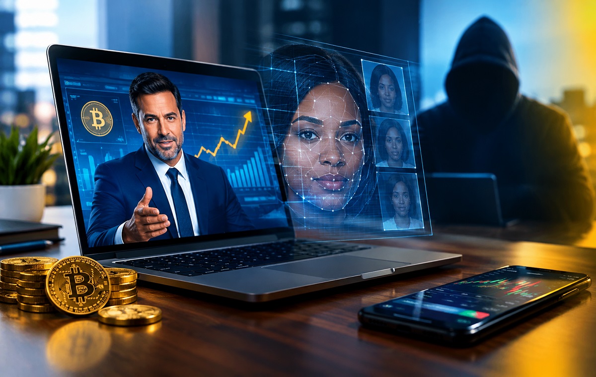 Illustration showing AI-generated deepfake technology being used in fraudulent online investment schemes.